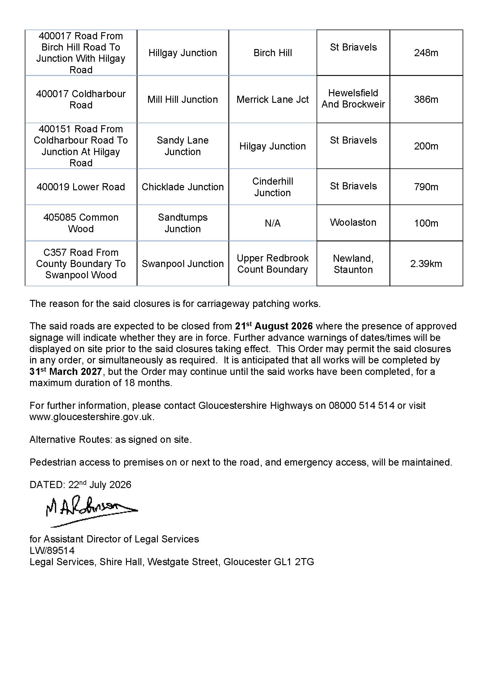 GCC Highways Temporary Road Closure List 21.08.26 - 31.03.27